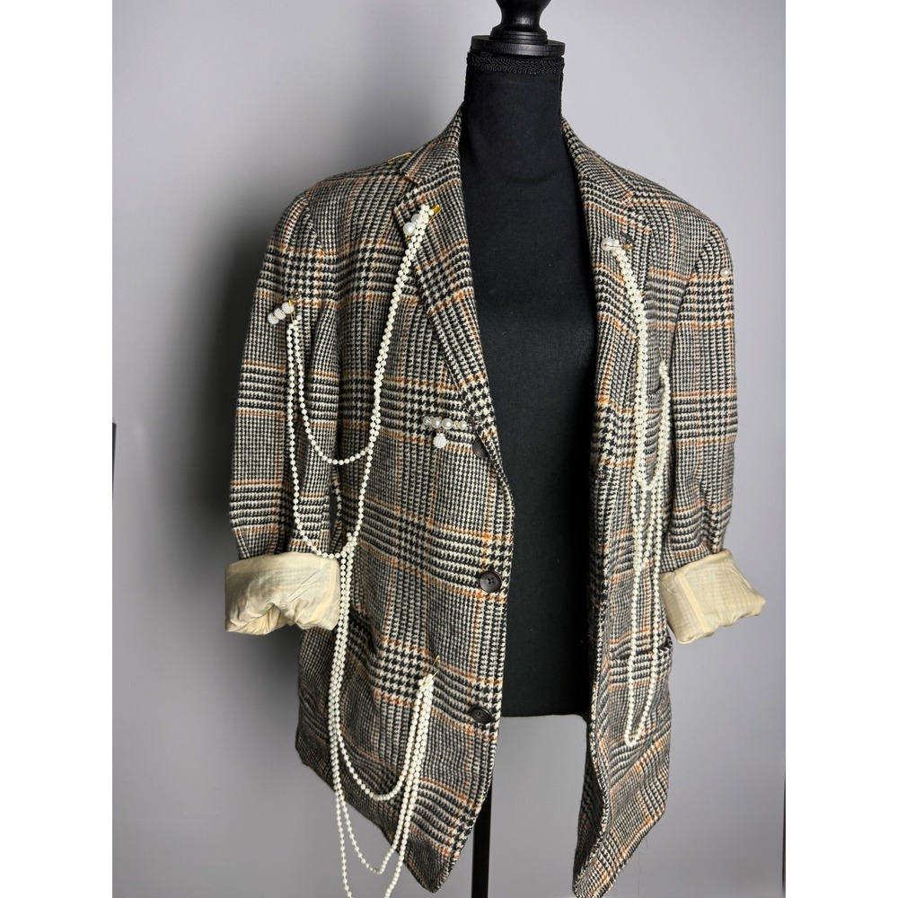 Unisex Glen Plaid Blazer with Draped Faux Pearls and Safety Pin Accents Grey Tan - Picture 3 of 5